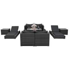 9 Piece Patio Gray Wicker Sectional Sofa Sets With Fire Pit Table Chaise Lounge Corner Chair And Gray Cushions For Pool
