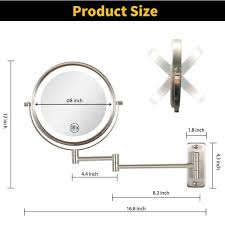 8 Inch Round 1x 10x Magnifying Wall Mounted Bathroom Makeup Mirror In Brushed Nickel 3 Colors Led Lights