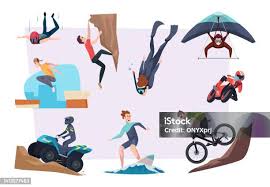 Extreme People Different Dangerous Sports Adrenaline Rush Guys And Girls  Athletes Climbing And Snowboarding Motorbikes Race Windsurfing Or Diving  Vector Risky Activities Set Stock Illustration - Download Image Now - iStock