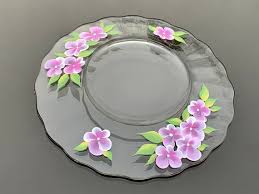 Hand Painted Glass Plate Pink Flowers