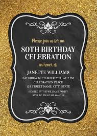 Glitter Adult 80th Birthday Party Invitations Chalkboard Gold