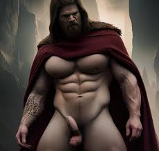30yo Viking Bodybuilder's Erect Thick Big Dick in Dark Fantasy Mountains:  Angry Black Hair, Partially Nude, Perfect Body, Tattoos'. 