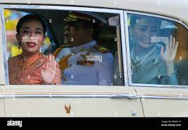 Thailand's King Maha Vajiralongkorn and Queen Suthida, and Princess  Bajrakitiyabha (L) arrive at The Grand Palace in Bangkok. People dressed in  yellow flocked to Bangkok's Sanam Luang and the Temple of the