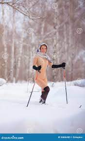 Nude girl on skis stock image. Image of snow, person - 96806483
