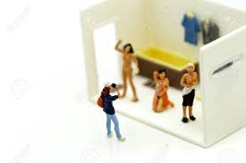 Miniature People : Man Is Hiding Behind Bathroom Spying. Voyeurism With  Woman Taking Shower Stock Photo, Picture and Royalty Free Image. Image  103590122.