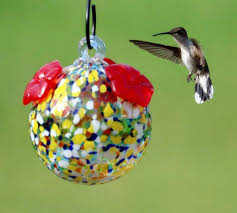 Multicolored Blown Glass Hummingbird Feeder