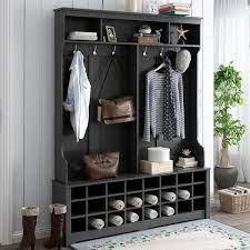Magic Home 60 In Versatile Hall Tree Storage Hallway Cabinet With Coat Rack Metal Hooks Entryway Bench 24 Shoe Cubbies Black