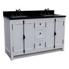 Double sink bathroom vanity cabinets are often mounted one above the other with space left for towels (and bottle traps) between. Bellaterra 400100 55 Ga Bg Plantation 55 Inch Double Vanity In Glacier Ash With Black Granite