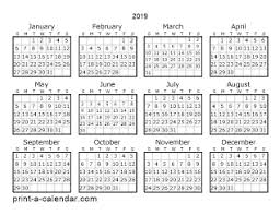 2019 Yearly Calendar One Page Calendar Printable