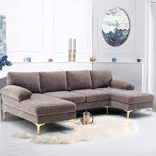 Homefun 110 In W Gray 4 Piece U Shaped Fabric Modern Sectional Sofa With 2 Arms And Golden Metal Legs