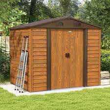 wood look outdoor storage metal shed