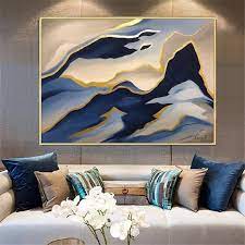 Abstract Blue Gold Painting Navy Blue
