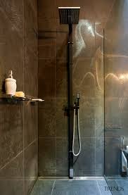 Shower With Dark Grey Walls And Flo