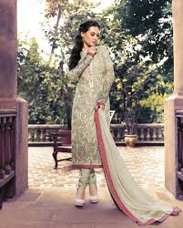 Light Olive Green And Pink Straight Long Embroidered Suit 1