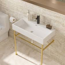 White Ceramic Rectangular Vessel Sink Bathroom Console Sink With Overflow And Gold Legs