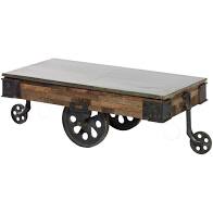 1920's Vintage Luggage Cart turned Coffee Table with Iron Wheels