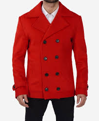 Mens Red Double Ted Pea Coat Warm