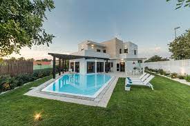 Modern house with garden swimming pool and wooden pergula Stock Photo by  luisviegas gambar png