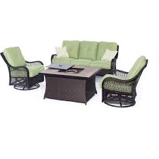 woven lounge set with fire pit table