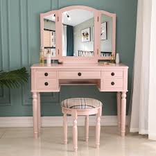 zimtown makeup vanity table set removable tri folding mirror dressing table with cushioned stool 5 storage drawer wood furniture pink size