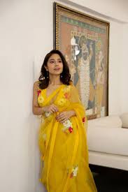 saree for women yellow organza saree