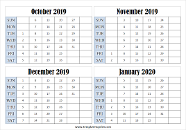 October 2019 January 2020 Four Month Calendar Template To