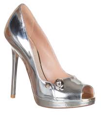Christian Dior Womens Silver Metallic Leather Charms Peep Toe Pumps Heels Shoes