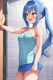 Anime Muscular Small Tits 70s Age Laughing Face Blue Hair Pigtails Hair  Style Light Skin Soft Anime Shower Side View T Pose Mini Skirt  3662351684798080922 