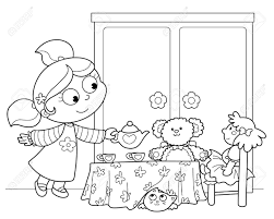 Set of 4 new vintage black & white antique doll pictured note cards. Cute Young Girl Serving Tea With Dolls And Teddy Bear Black Royalty Free Cliparts Vectors And Stock Illustration Image 10988065