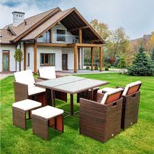 Outdoor Dining Set With Beige Cushions