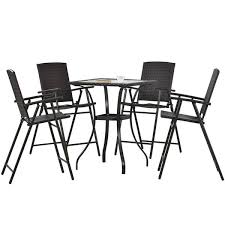 Forclover Brown 5 Piece Wicker Counter Height Outdoor Dining Set With Umbrella Hole And 4 Folding Chairs