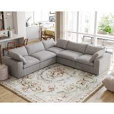 Magic Home 120 In Free Combination Large 5 Seat L Shape Corner Modular Linen Flannel Upholstered Sectional Sofa With Ottoman Gray