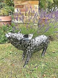 Black Silver Pig Garden Ornament Lawn