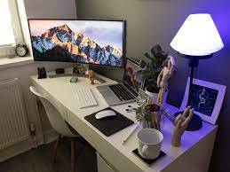 It's worth looking into a decent desk for your home office. Desk Setup Ultrawide Curved Monitor Macbook Home Office Setup Desk Inspiration Desk