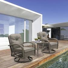 Serga 3 Pieces Wicker Patio Furniture Set Outdoor Patio Swivel Chairs With Gray Cushions