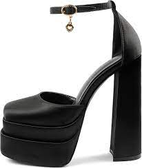 Amazon.com: MERUMOTE 女款性感高跟鞋厚底高跟鞋方形鞋頭粗粗粗粗粗跟水鑽派對鞋, 黑色緞面: 服裝，鞋子和珠寶