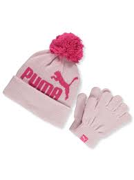 Puma Girls Logo Contrast Knit Hat Gloves Set Toddler One Size