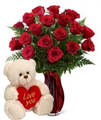 12 red roses with i love u bear send to
