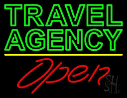 green travel agency open neon sign