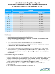 Sizing Chart For Ardyss Body Magic Body Shaper Style 22