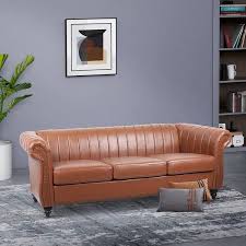 84 In W Rolled Arm Leather Straight Traditional 3 Seat Sofa In Brown