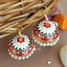 Traditional Pearl Jhumka Earrings - White Red | FashionCrab.com