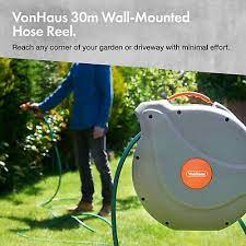 Vonhaus 30m Garden Hose Auto Rewind Wall Mounted Reel 8 Function Spray Gun