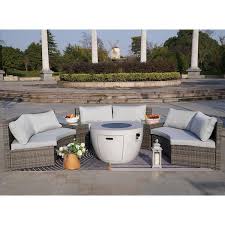 Direct Wicker Cedar Half Moon Grey 6 Piece Wicker Outdoor Sectional Set Round Firepits With Grey Cushions