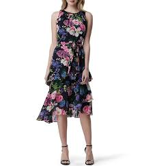 Tahari Asl Petite Size Floral Print Halter Asymmetric Hem Tiered Midi Dress
