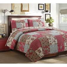 Cozy Line Home Fashions 3 Piece Country Fl Paisley Red Blue Khaki Patchwork Cotton Queen Quilt Bedding Set