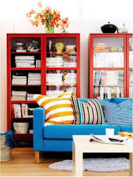 Blue Couch Brick Orange Bookcases