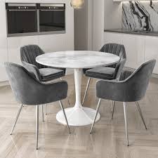 Charthouse rectangular dining table, 4 upholstered side chairs and bench. Aura Round White Faux Marble Dining Table With 4 Grey Velvet Dining Tub Chairs With Chrome Legs Furniture123