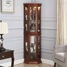 Cherry 5 Tier Lit Corner Curio Cabinet With Adjustable Tempered Glass Shelves And Mirrored Back Brown