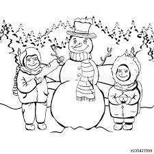 Toy snowman with a christmas tree on a. Children Make Snowman Coloring Cartoon Linear Outline Drawing Vector Black And White Illustration Holiday Background Painted Cute Boy And Girl And Snowman Amid Forest Snow And Falling Snowflakes Buy This Stock